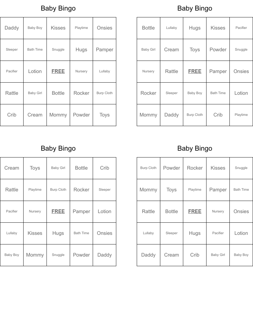 50 Free Printable Baby Bingo Cards