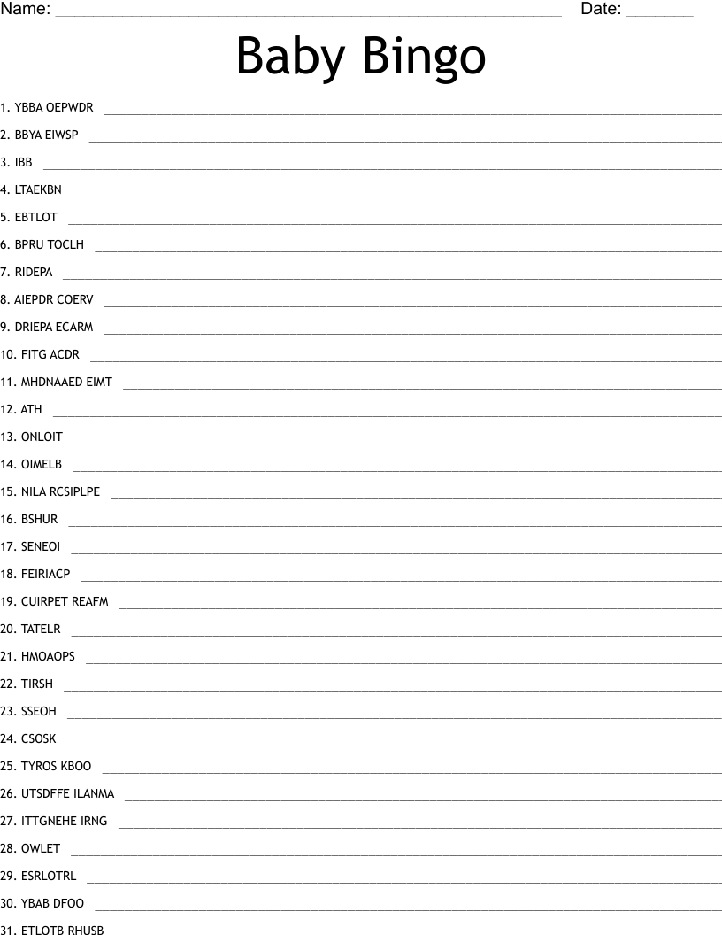 Baby Bingo Word Scramble WordMint
