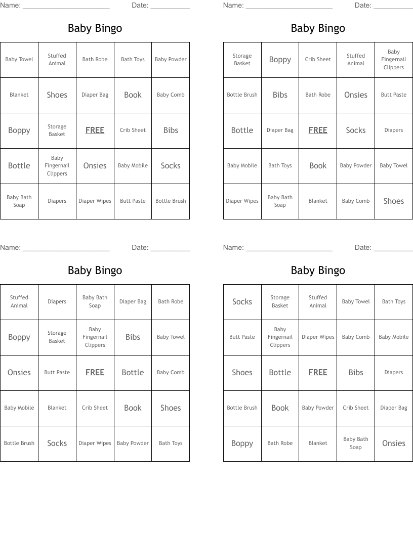 Baby Bingo Word List