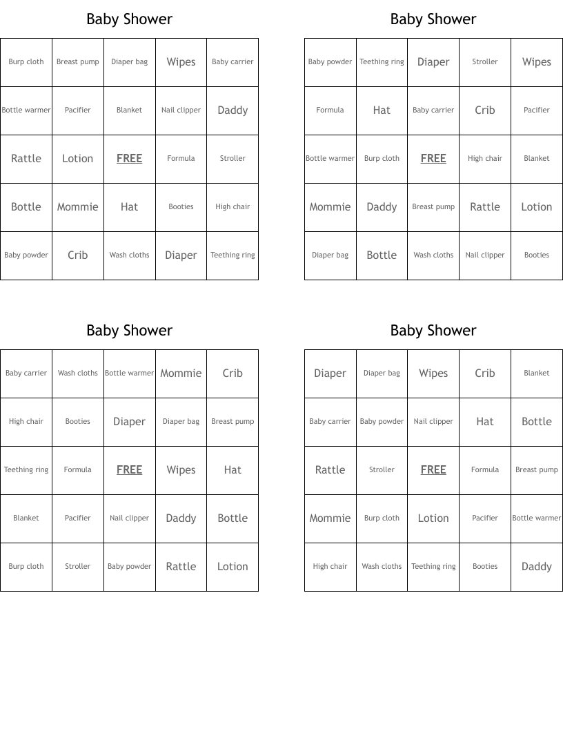 Baby Shower Bingo Cards WordMint