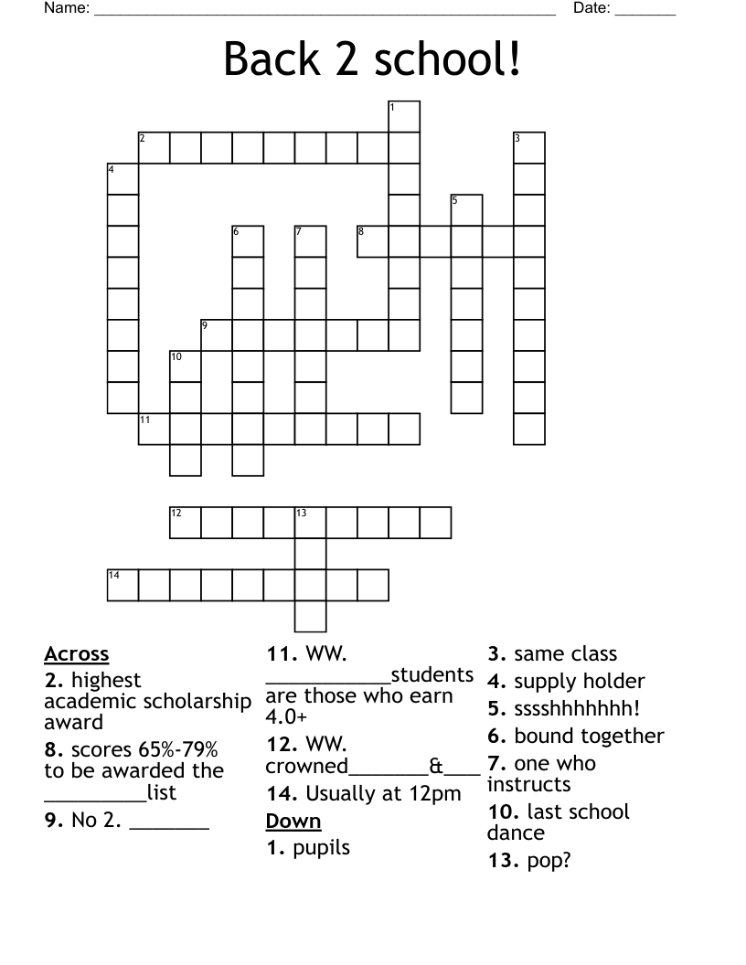 Back To School Crossword Puzzle Printable