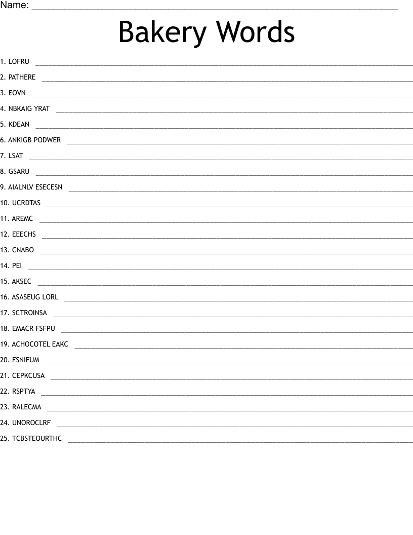 Bakery Words Word Scramble WordMint