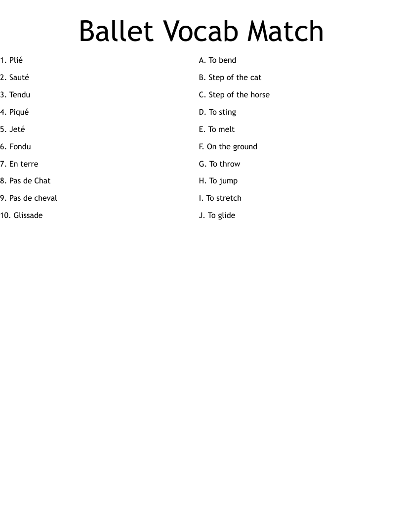 Ballet Vocab Match Worksheet WordMint