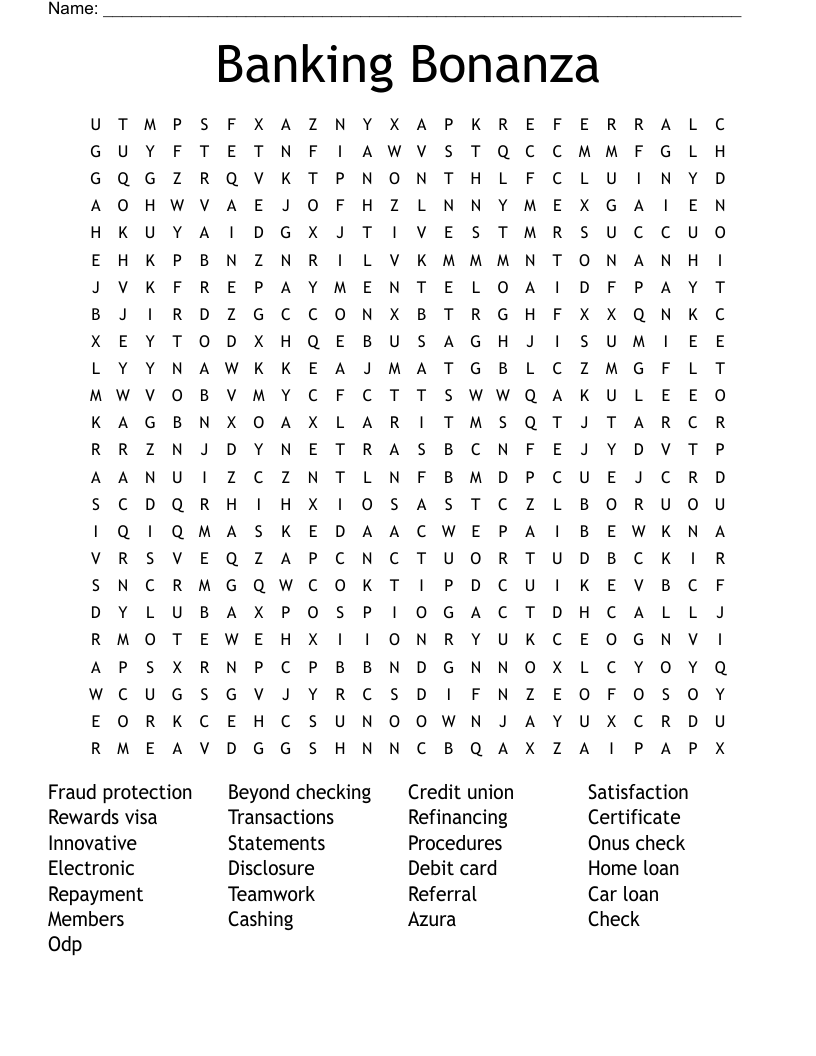 Banking Bonanza Word Search WordMint