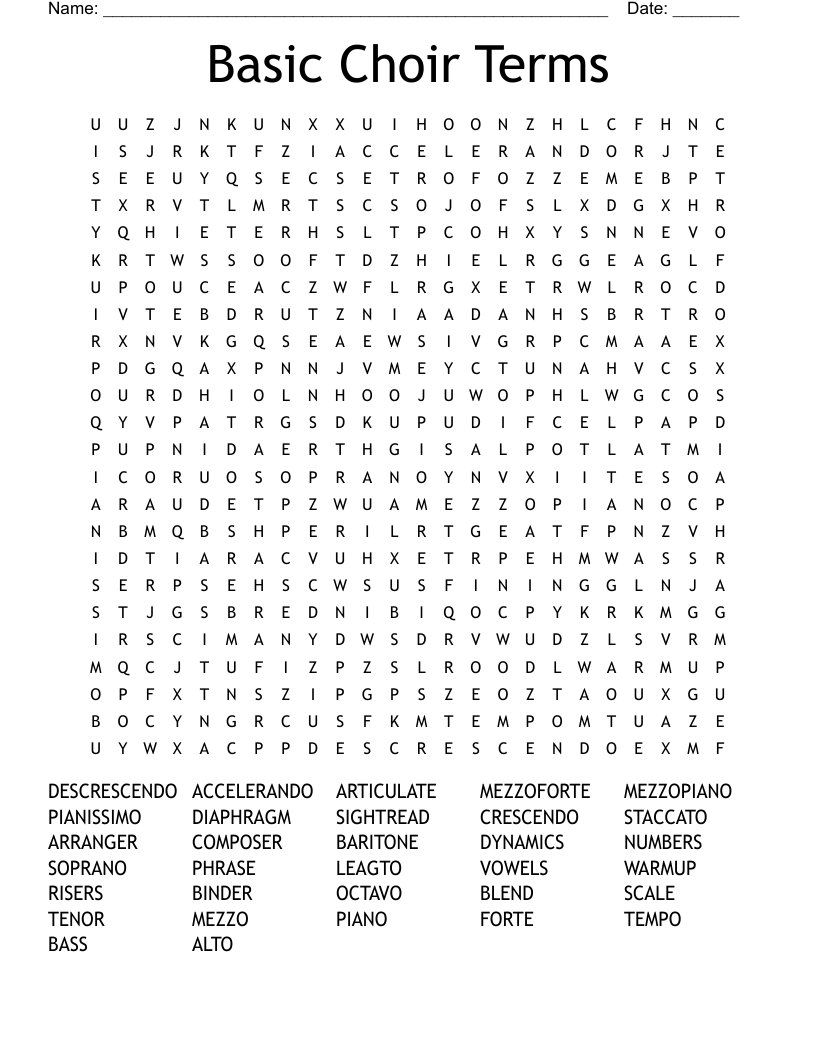 Basic Choir Terms Word Search WordMint