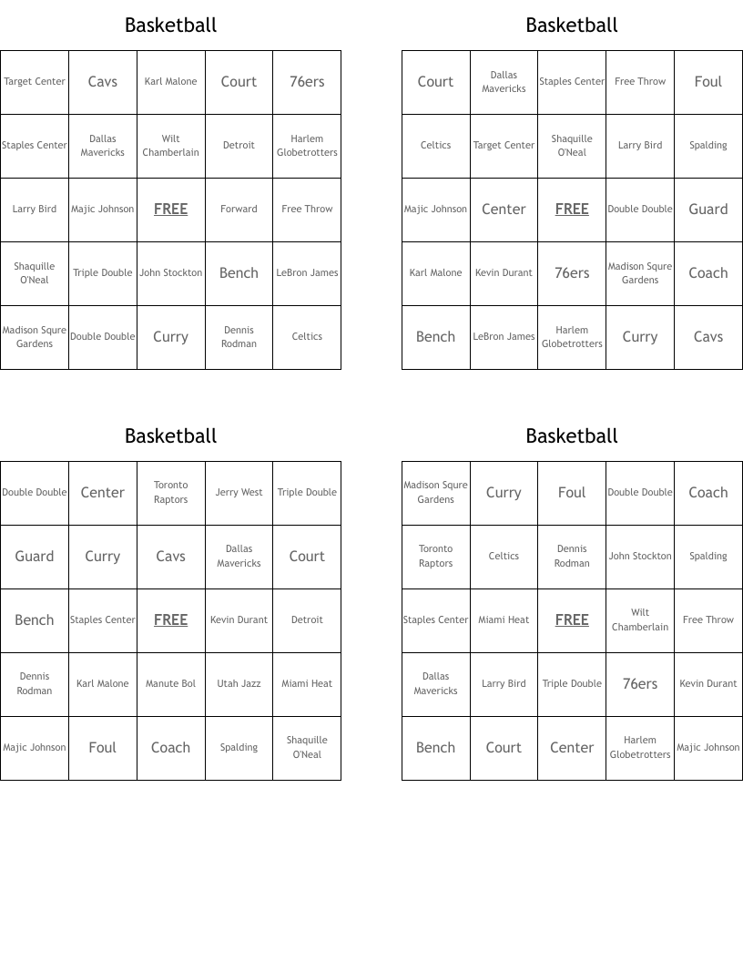 Basketball Bingo Cards WordMint