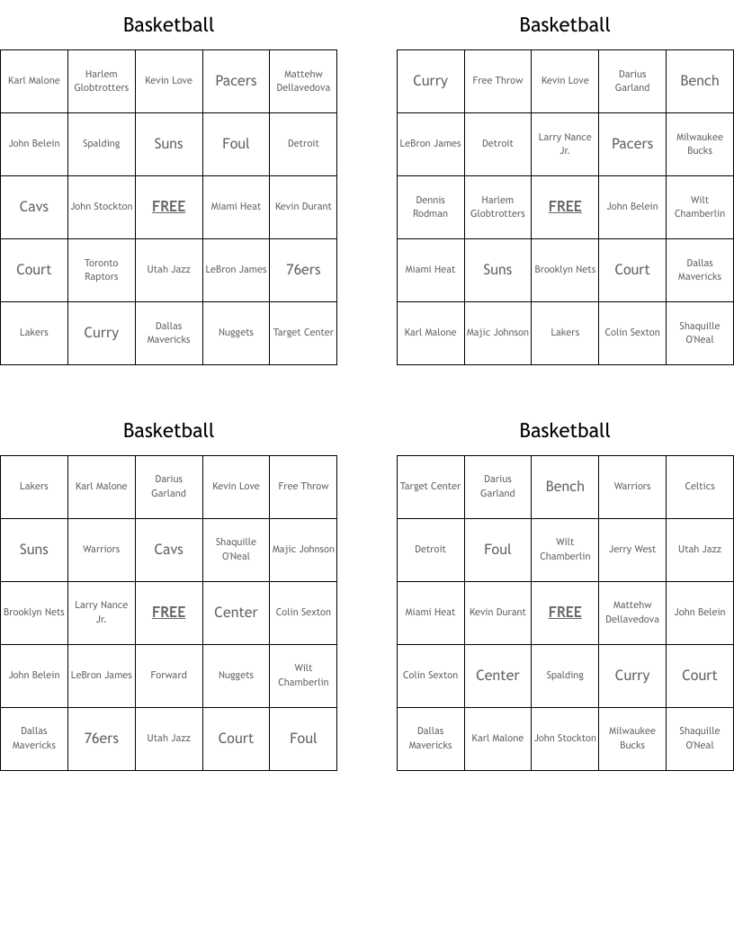 Basketball Bingo Cards WordMint