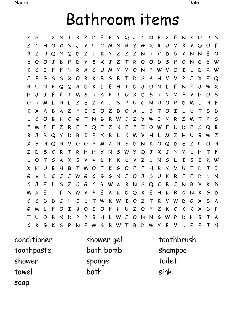Bathroom items Word Search WordMint