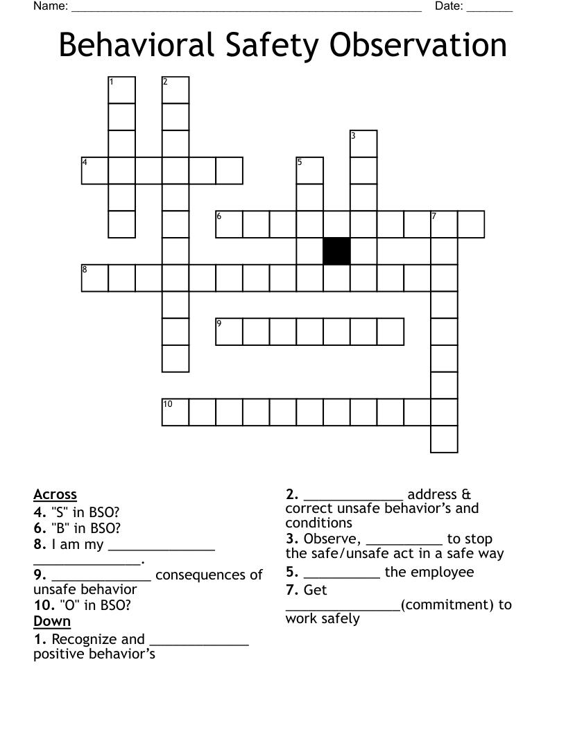 Behavioral Safety Observation Crossword WordMint