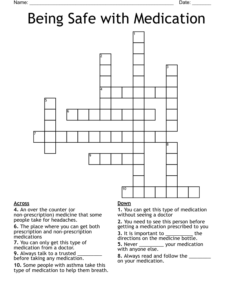 Being Safe with Medication Crossword WordMint