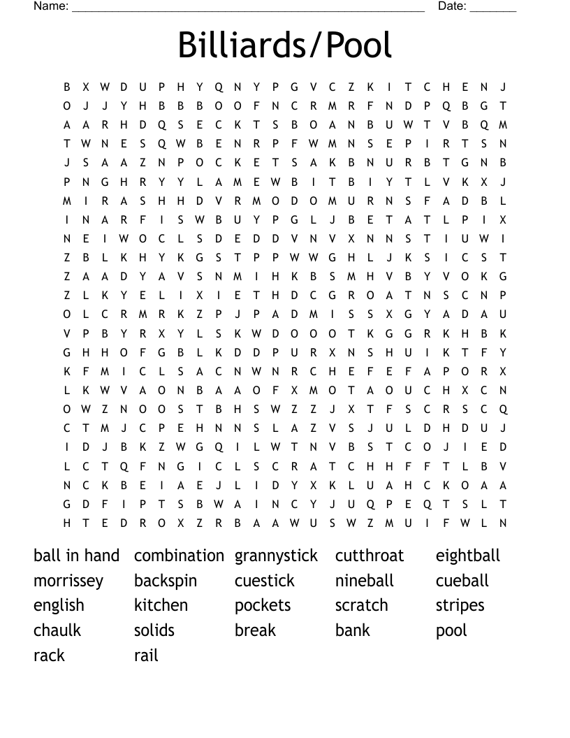 Billiards/Pool Word Search WordMint