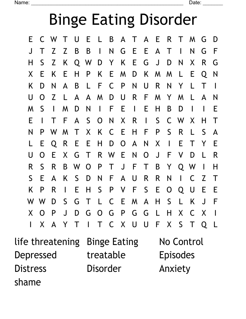 Binge Eating Disorder Word Search WordMint