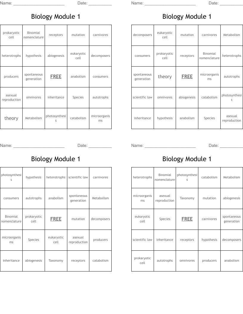 Biology Module 1 Bingo Cards WordMint
