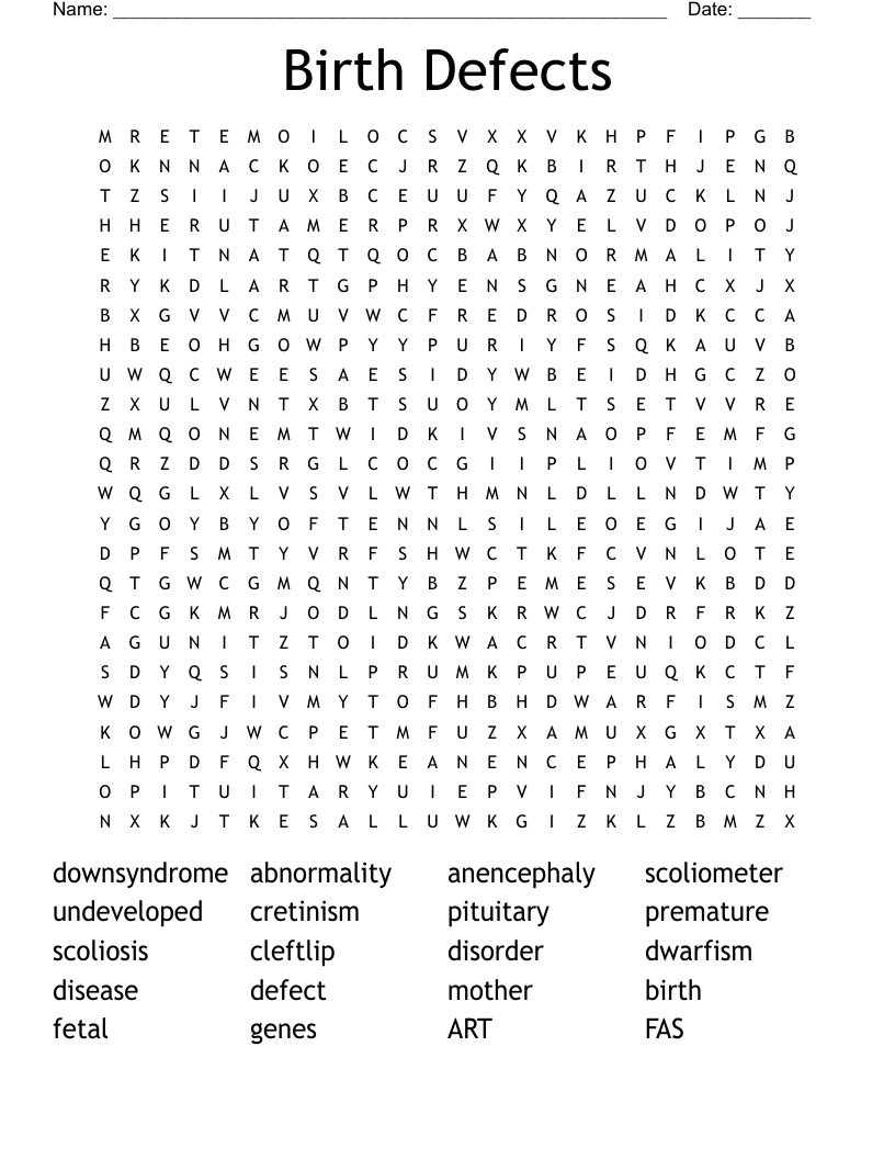 Birth Defects Word Search WordMint