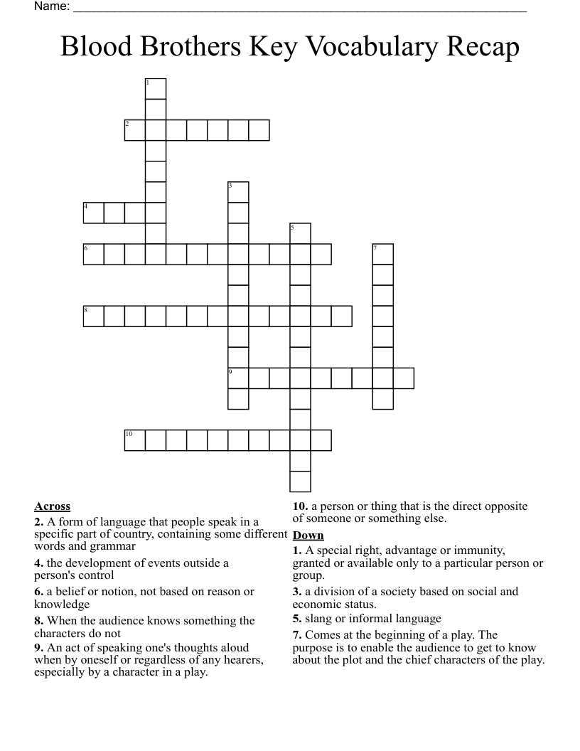 Blood Brothers Key Vocabulary Recap Crossword WordMint