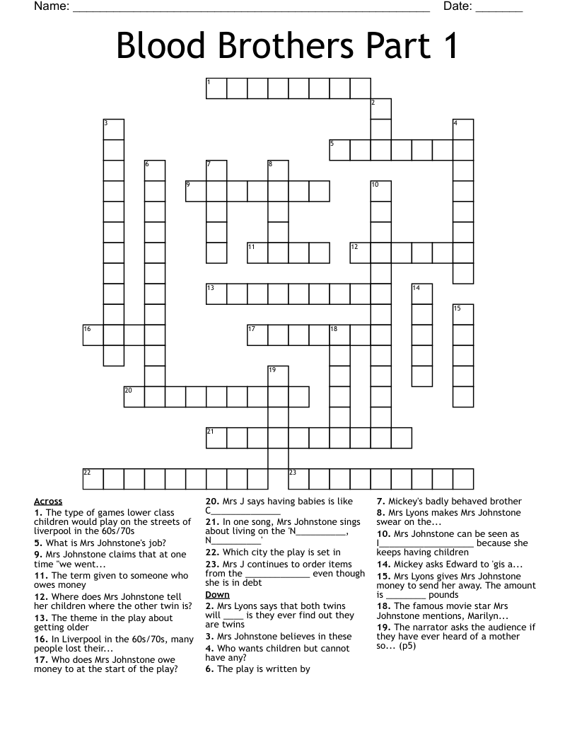 Blood Brothers Part 1 Crossword WordMint