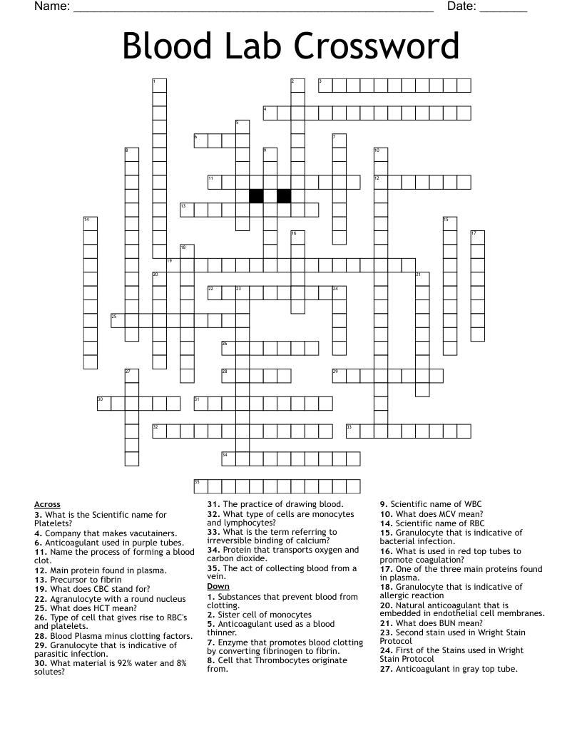 Blood Cells Crossword WordMint