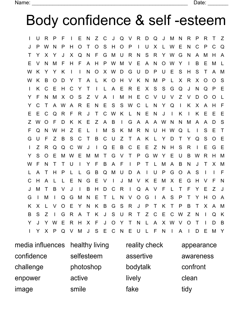 Body confidence & self esteem Word Search WordMint