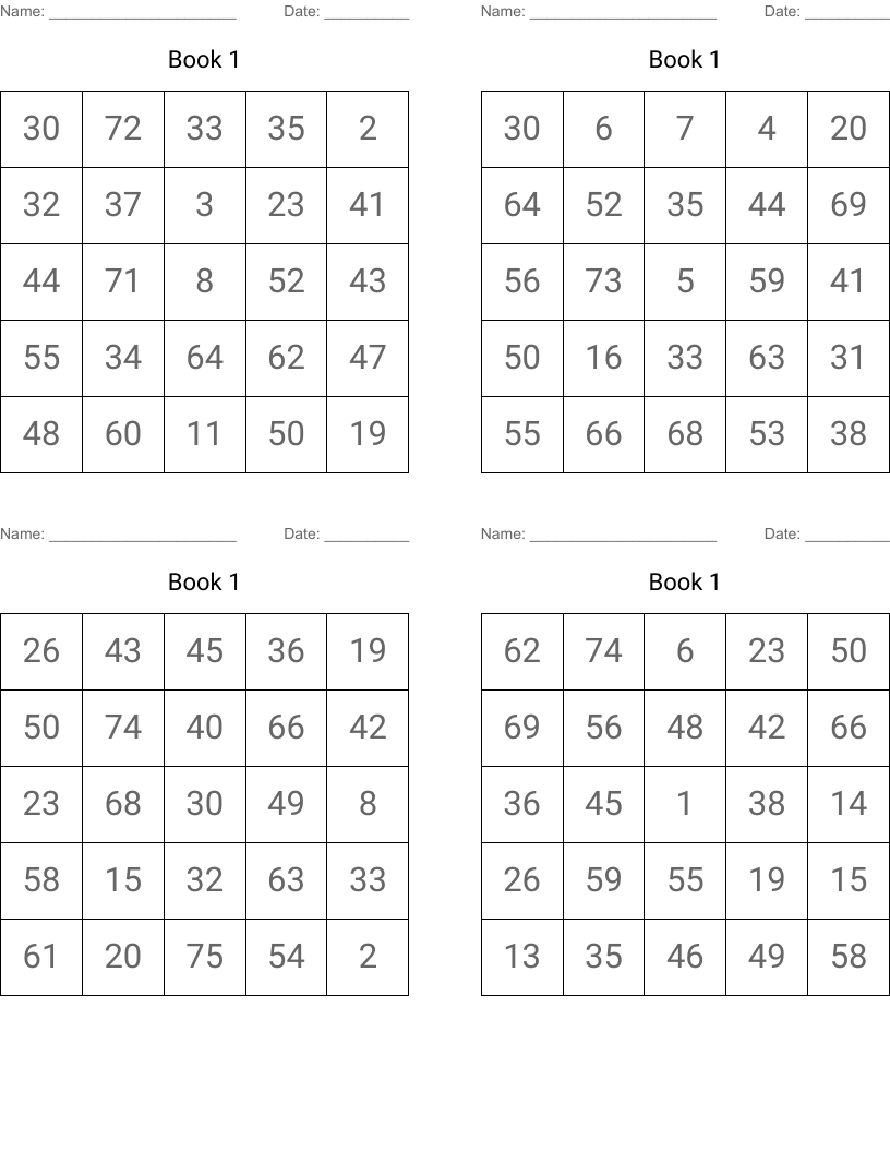 Book 1 Bingo Cards WordMint