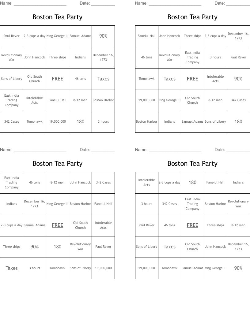 Boston Tea Party Bingo Cards WordMint