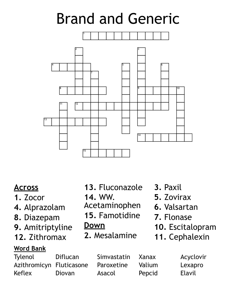 Drugs & Medications Crosswords, Word Searches, Bingo Cards WordMint