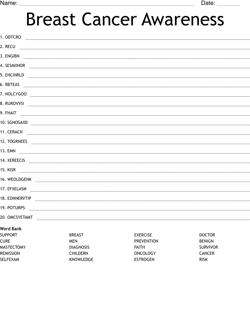 Breast Cancer Awareness Word Scramble WordMint