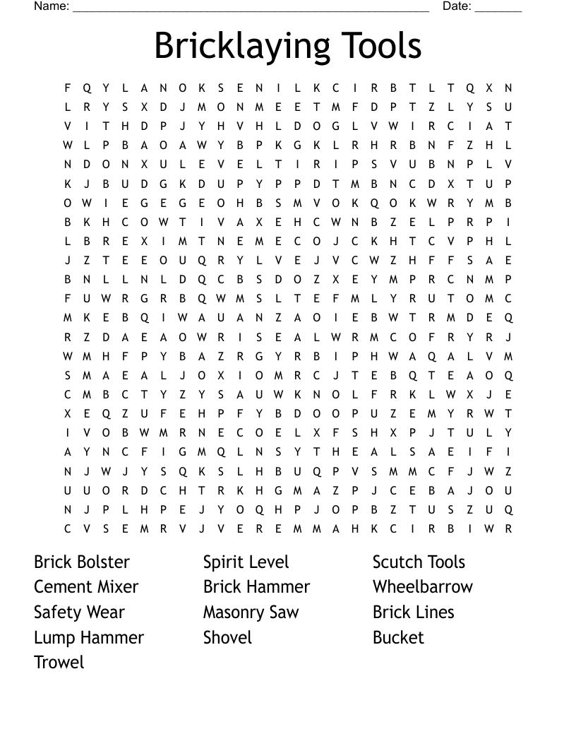 Bricklaying Tools Word Search WordMint
