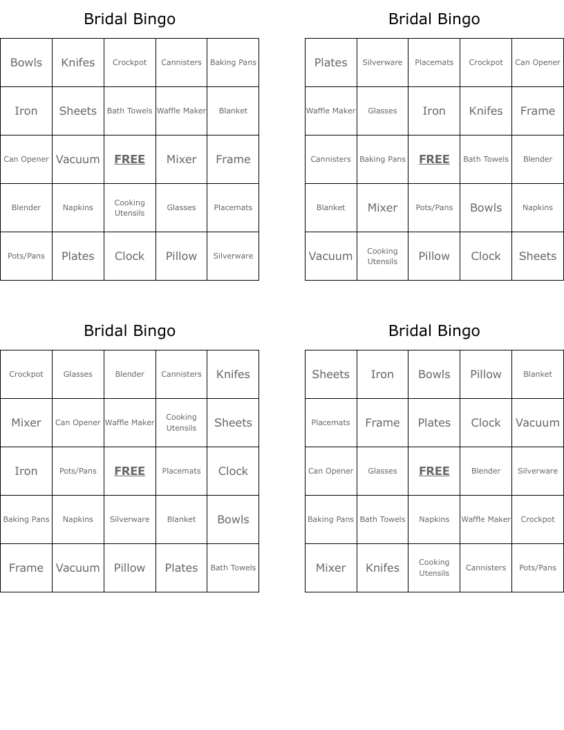 Printable Bridal Bingo Cards