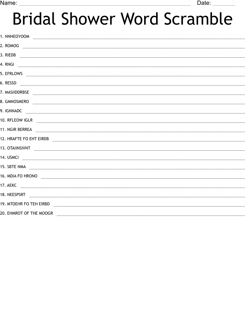 Bridal Shower Word Scramble WordMint