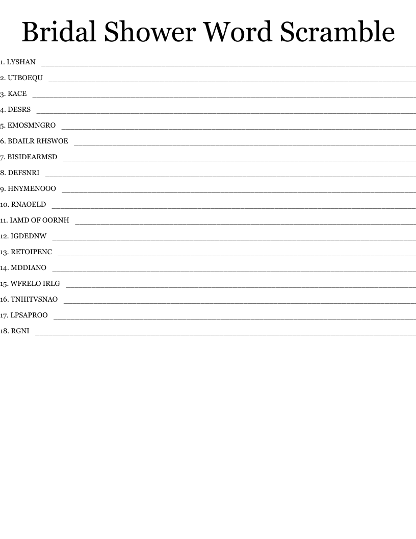 Bridal Shower Word Scramble WordMint
