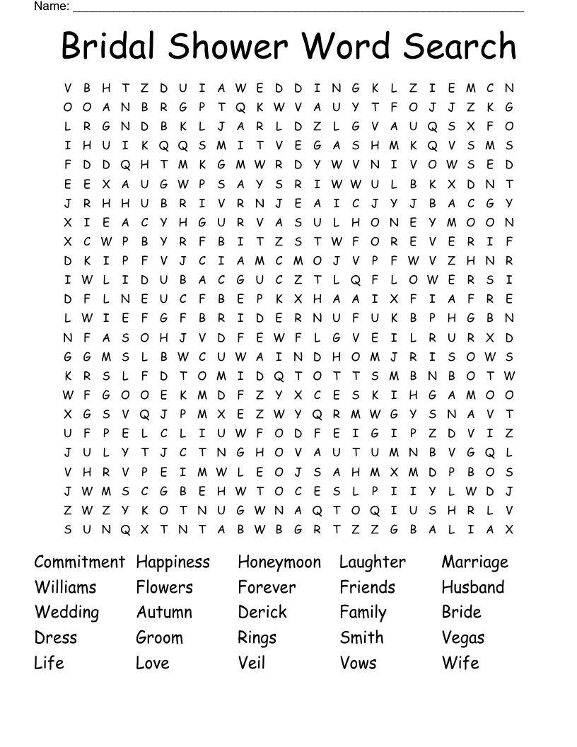 Bridal Shower Word Search WordMint