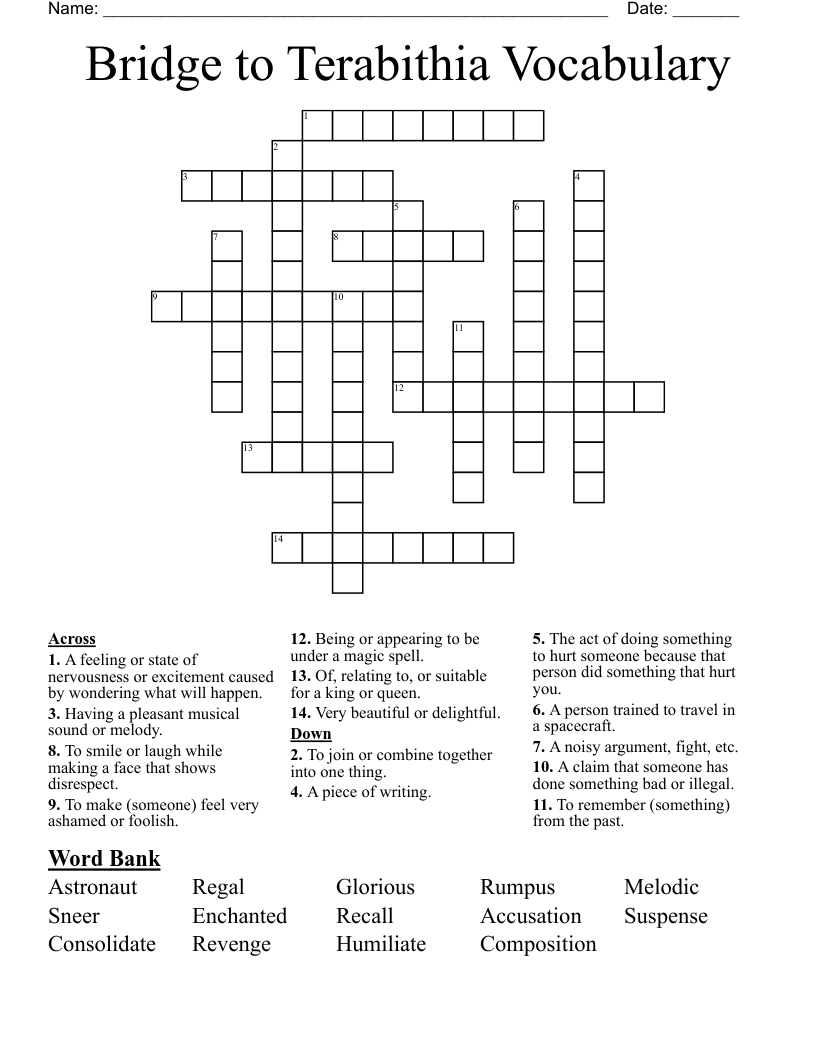 Bridge to Terabithia Vocabulary Crossword WordMint