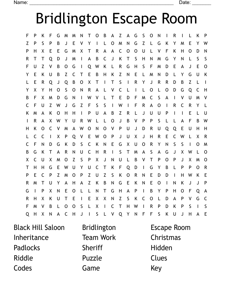 Bridlington Escape Room Word Search WordMint