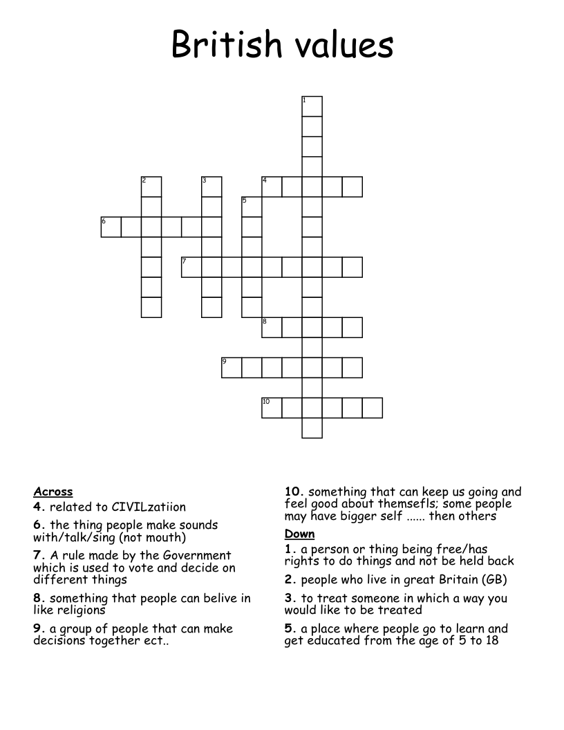 British values Crossword WordMint