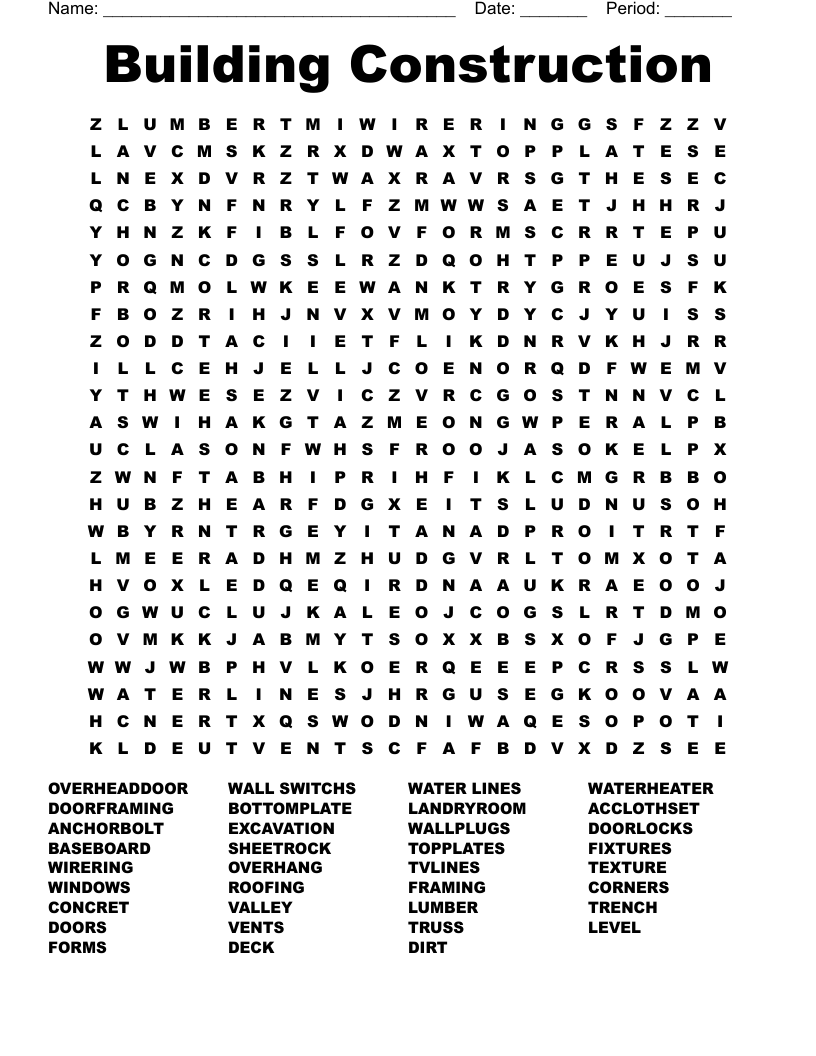 Building Construction Word Search - WordMint