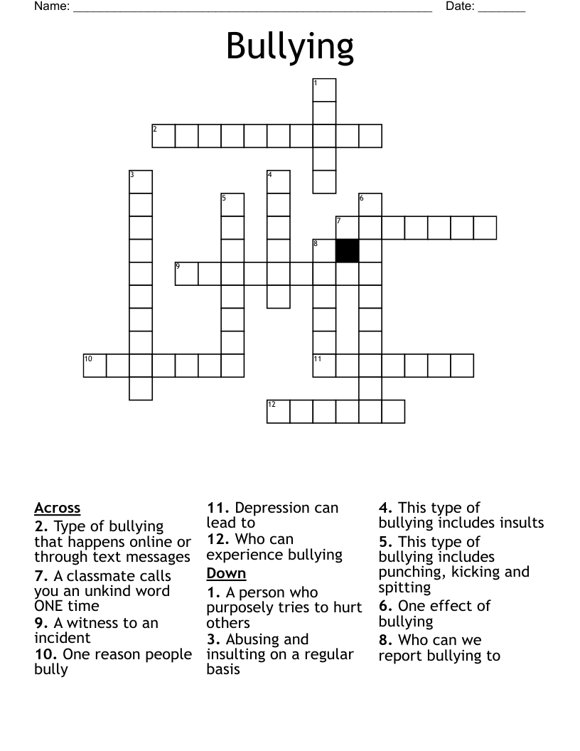 Bullying Crossword Puzzle Printable