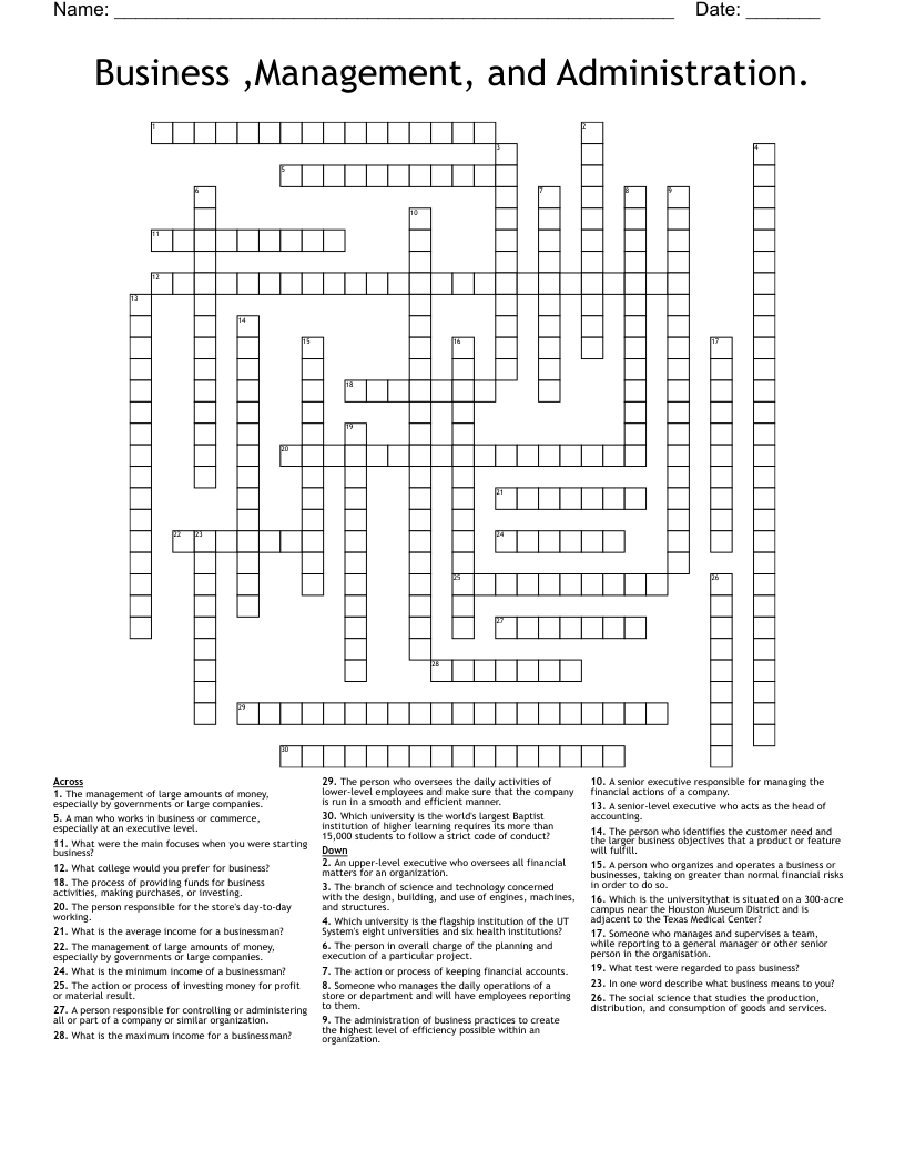 Business ,Management, and Administration. Crossword WordMint