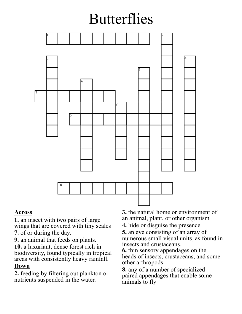 Butterflies Crossword WordMint