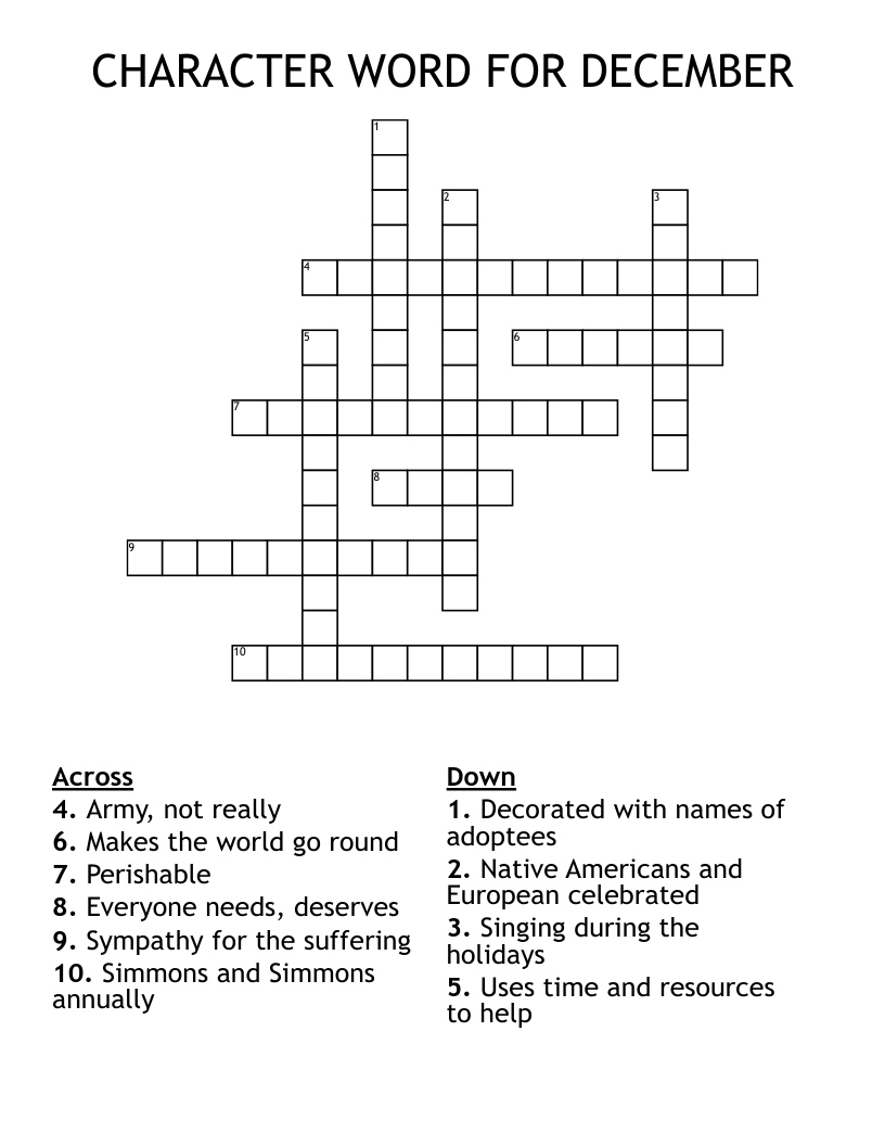 CHARACTER WORD FOR DECEMBER Crossword WordMint
