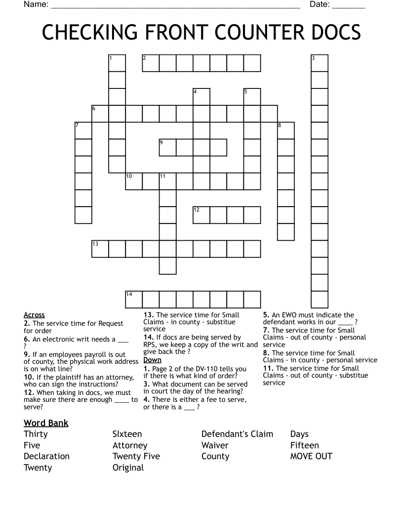 CHECKING FRONT COUNTER DOCS Crossword WordMint
