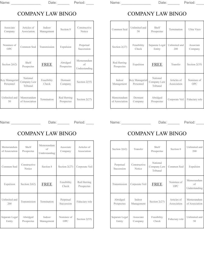 COMPANY LAW BINGO WordMint