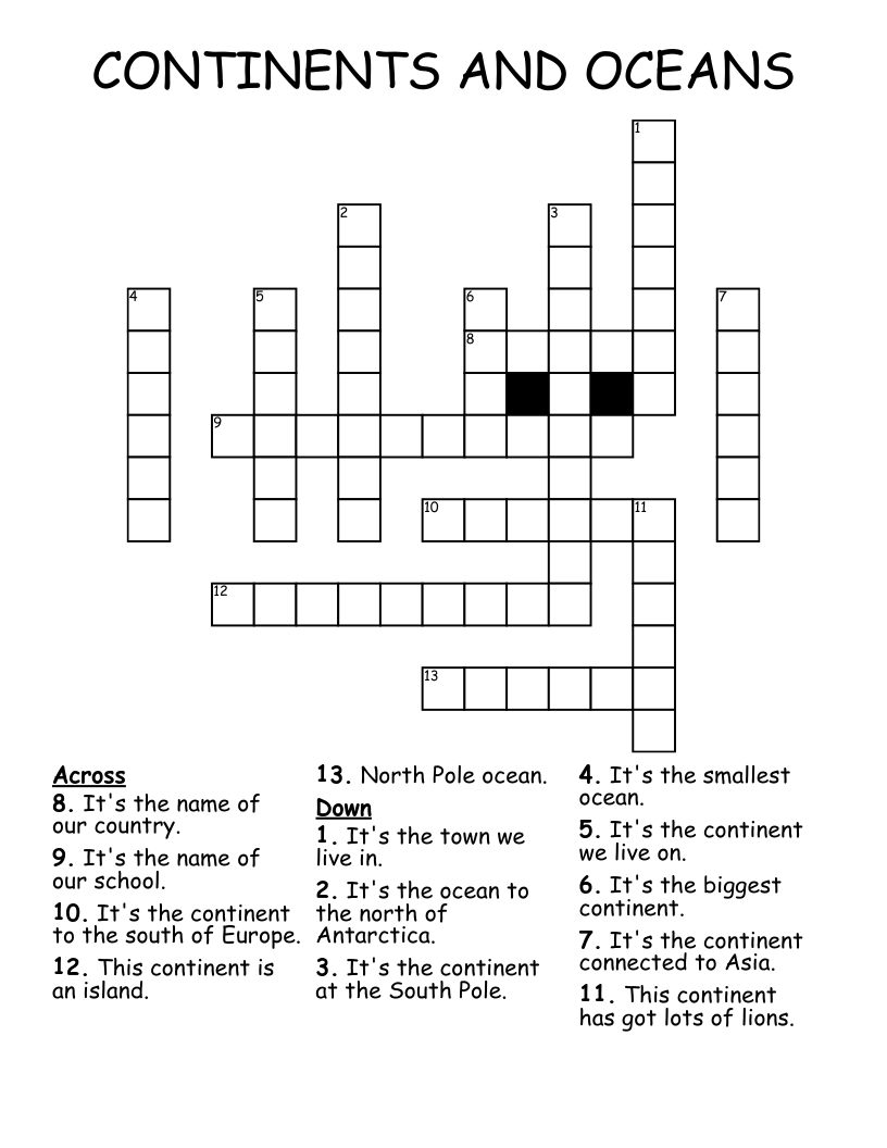 CONTINENTS AND OCEANS Crossword WordMint