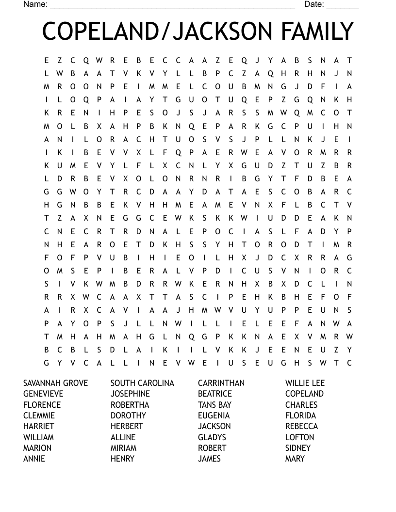 COPELAND/JACKSON FAMILY Word Search WordMint