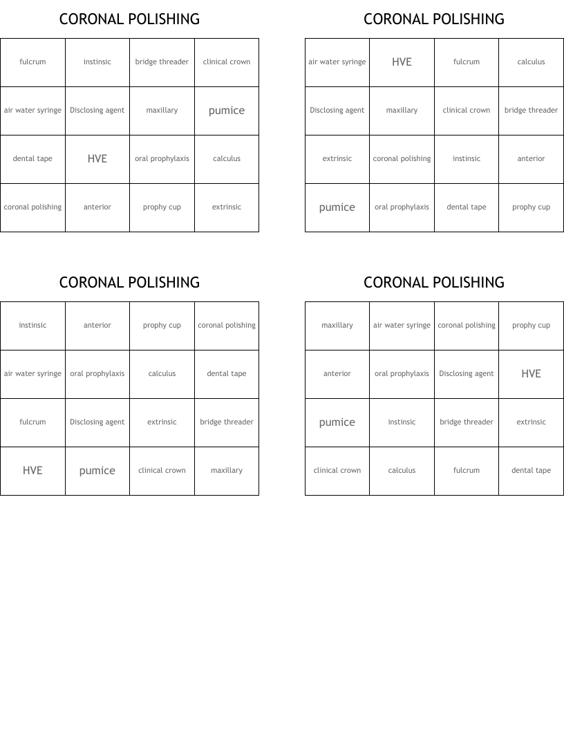 CORONAL POLISHING Bingo Cards WordMint