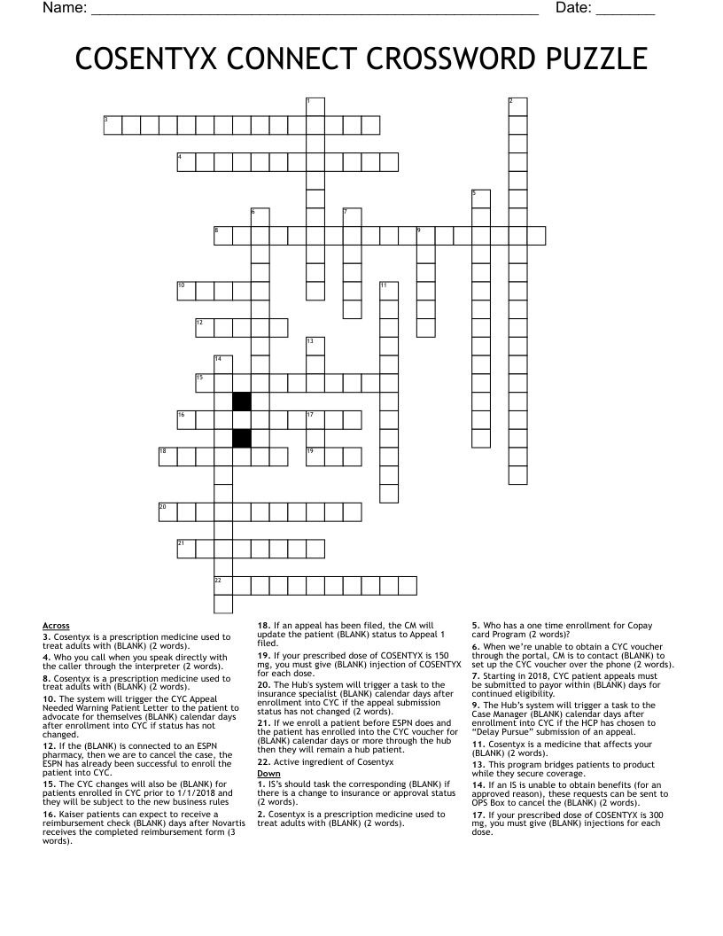 COSENTYX CONNECT CROSSWORD PUZZLE WordMint
