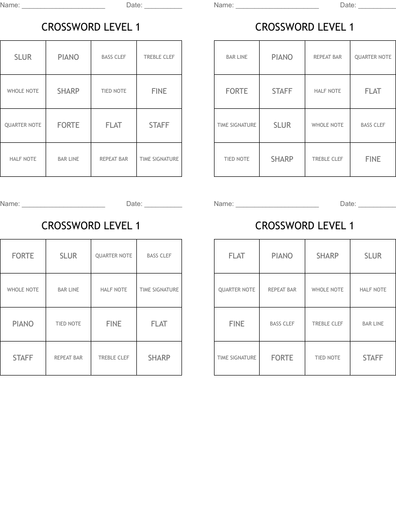 CROSSWORD LEVEL 1 Bingo Cards WordMint