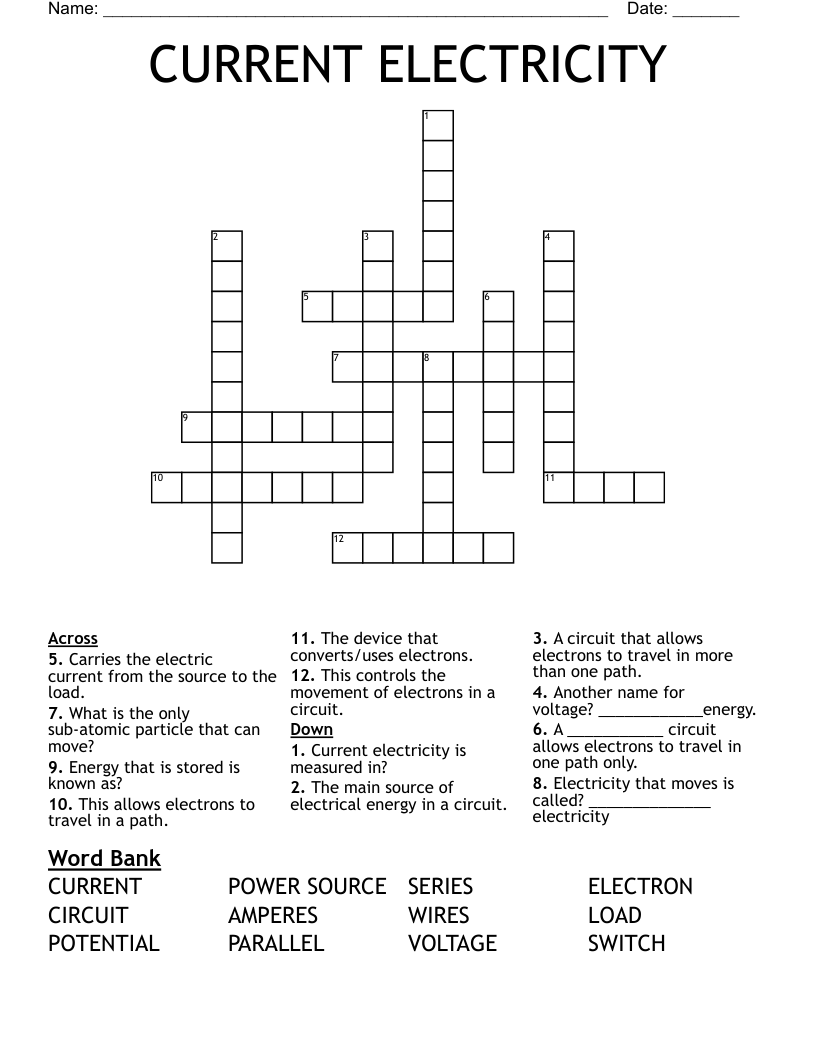 CURRENT ELECTRICITY Crossword WordMint