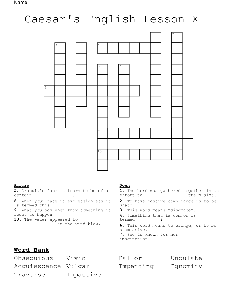 Caesar's English Lesson XII Crossword WordMint