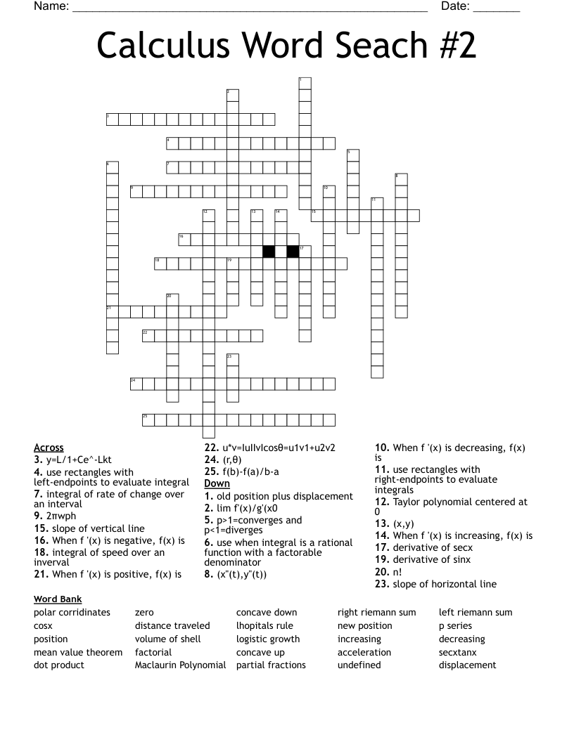 Calculus Word Seach 2 Crossword WordMint