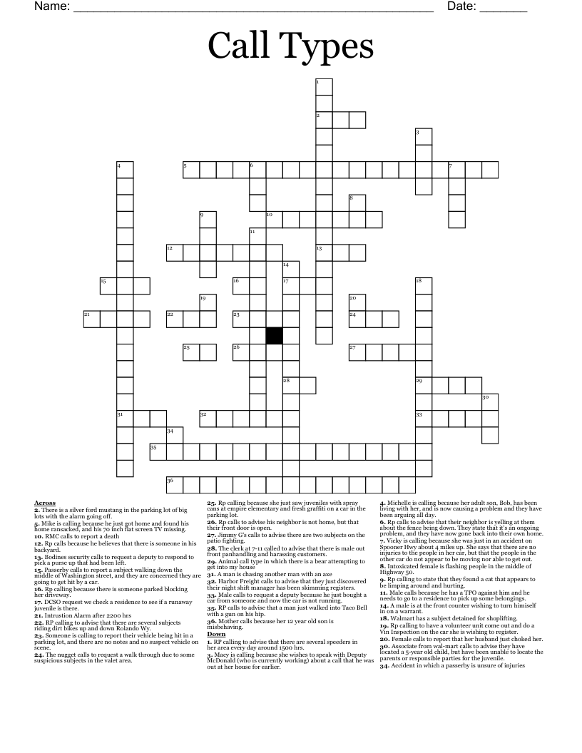 Call Types Crossword WordMint